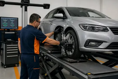 Equipamento de alinhamento de rodas sendo utilizado por um profissional.