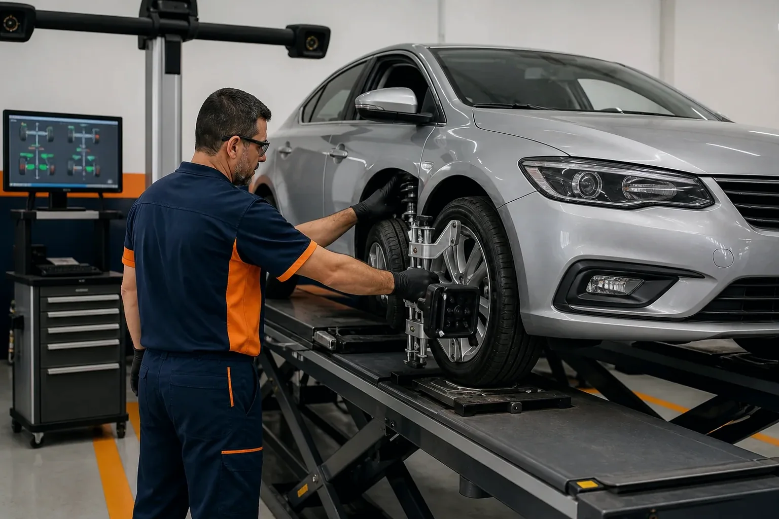 Equipamento de alinhamento de rodas sendo utilizado por um profissional.