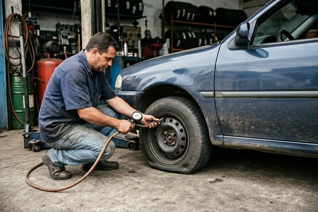 Pneu de carro com baixa pressão visível, em um ambiente de borracharia.
