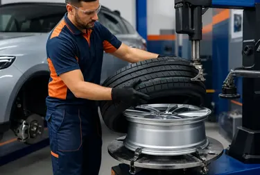 Profissional realizando a troca de pneus em uma borracharia.