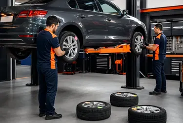 Profissional realizando rodízio de pneus em um veículo.
